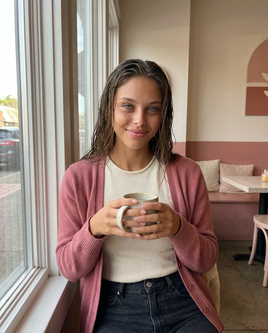 Casey sitting beside a café window in a rose cardigan