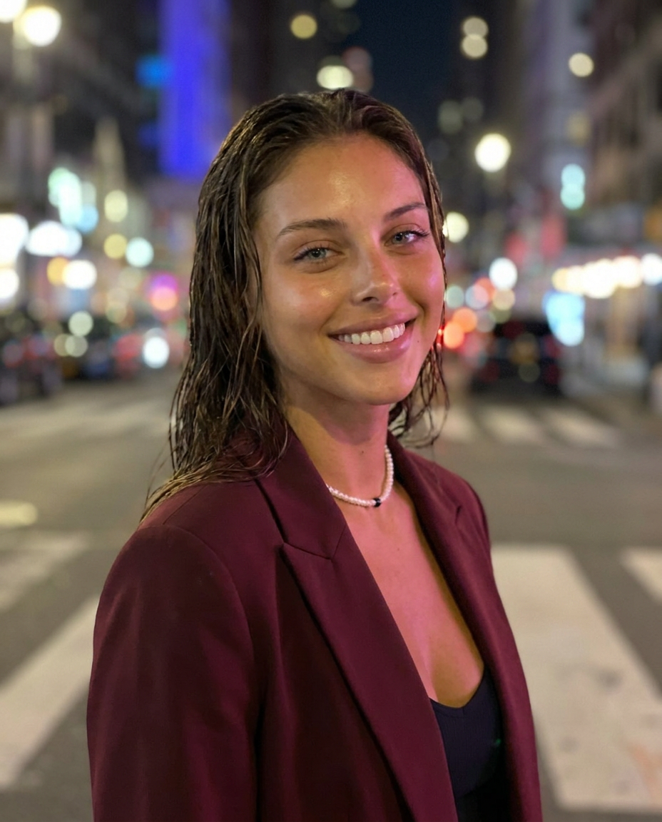 Casey wearing a burgundy blazer on a warmly lit city street