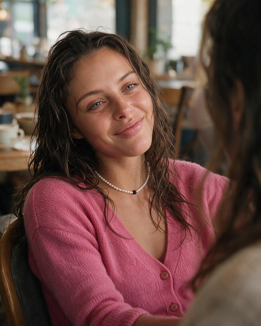 Casey in a rose cardigan at a café table